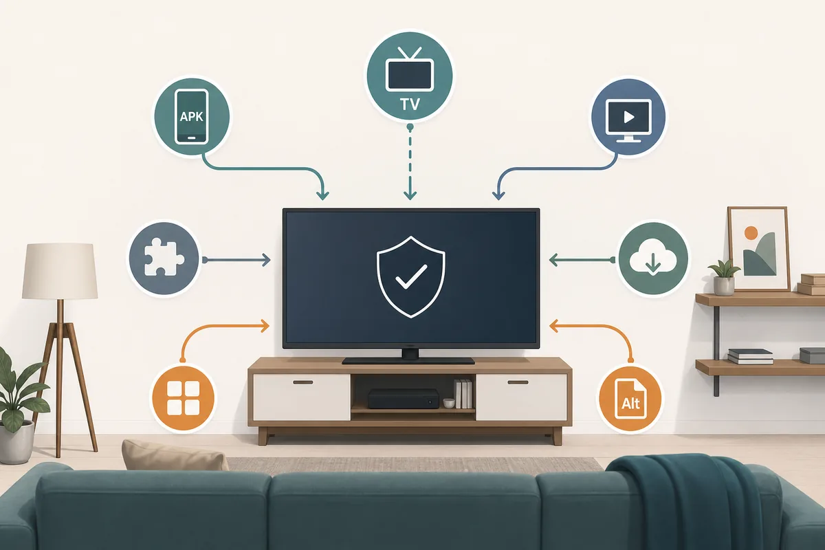 Editorial illustration of a TV with safe app and device route choices around it