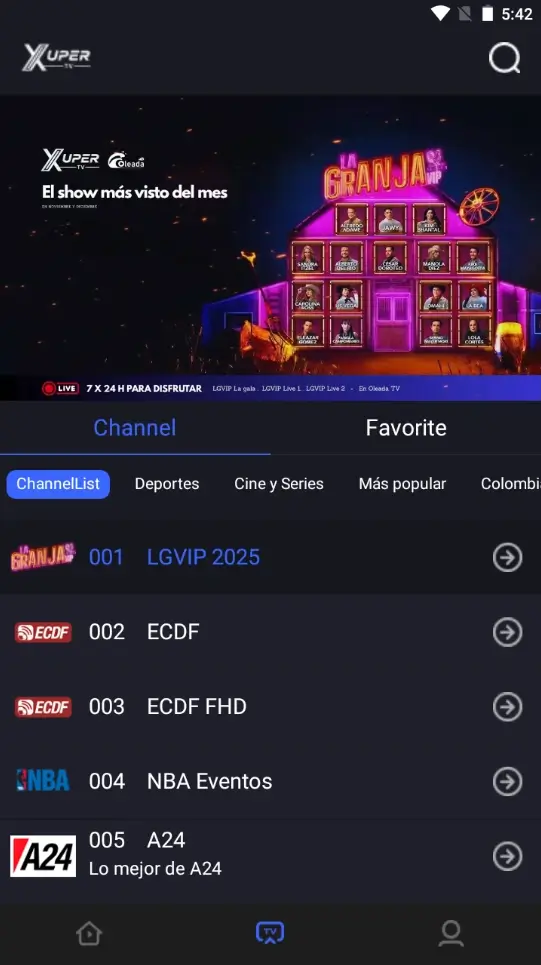 Existing Xuper TV channels list interface with categories and playback entries