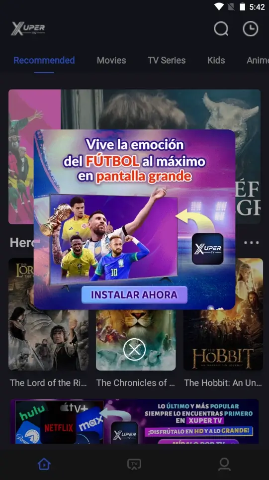 Xuper TV mobile interface showing an in-app promotional banner