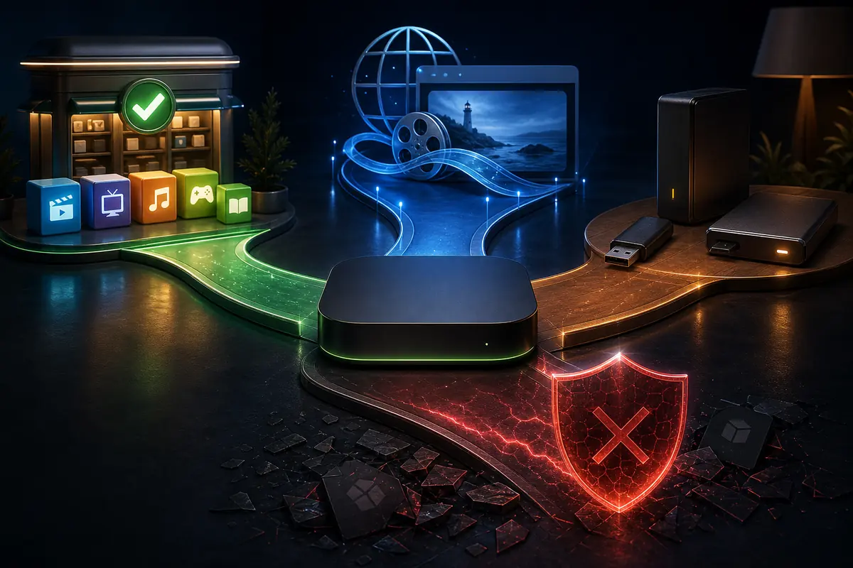 Official store, legal web streaming, local media, and blocked anonymous APK paths