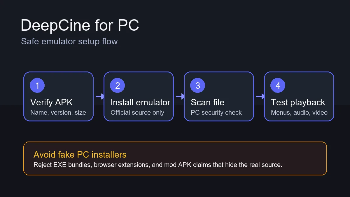 DeepCine for PC emulator setup flow from APK verification to playback testing