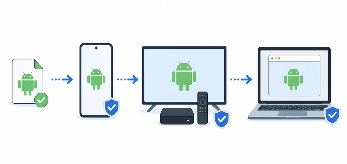 Editorial route diagram from an Android package to phone, TV Box, and PC emulator checks