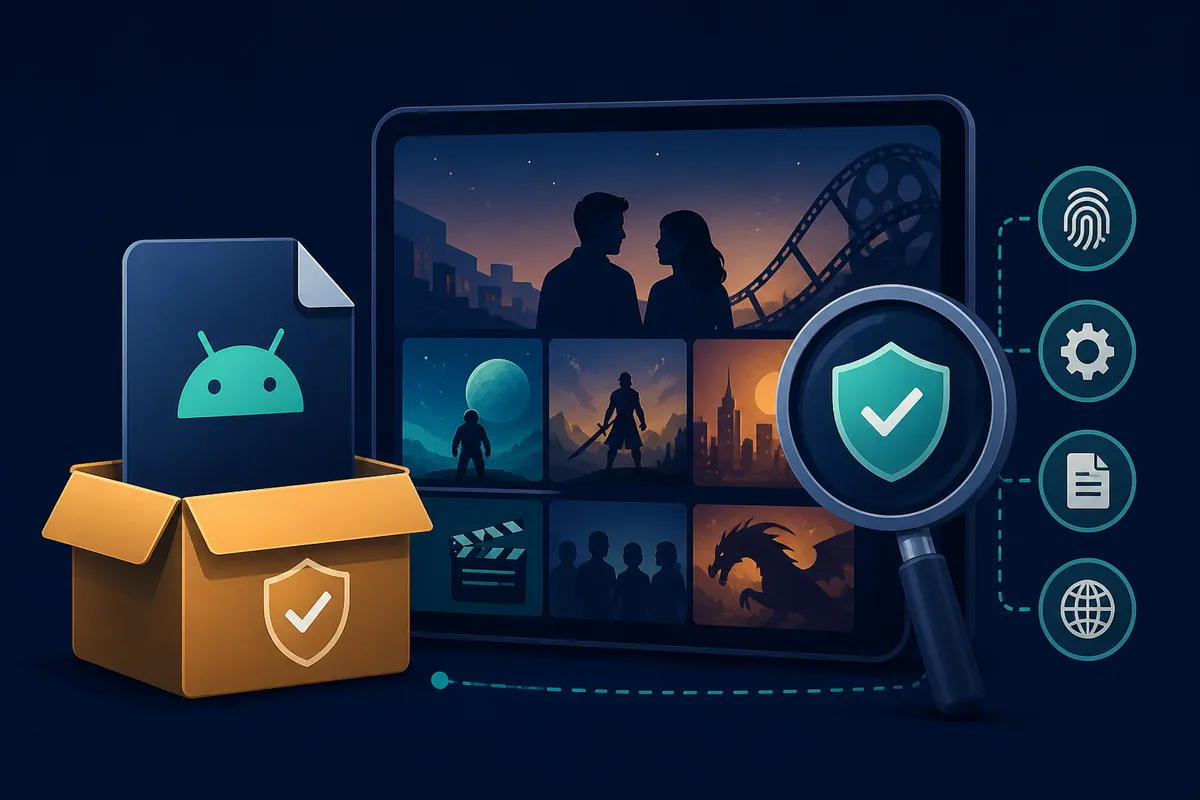 Editorial illustration of an Android package and entertainment app being checked for source identity