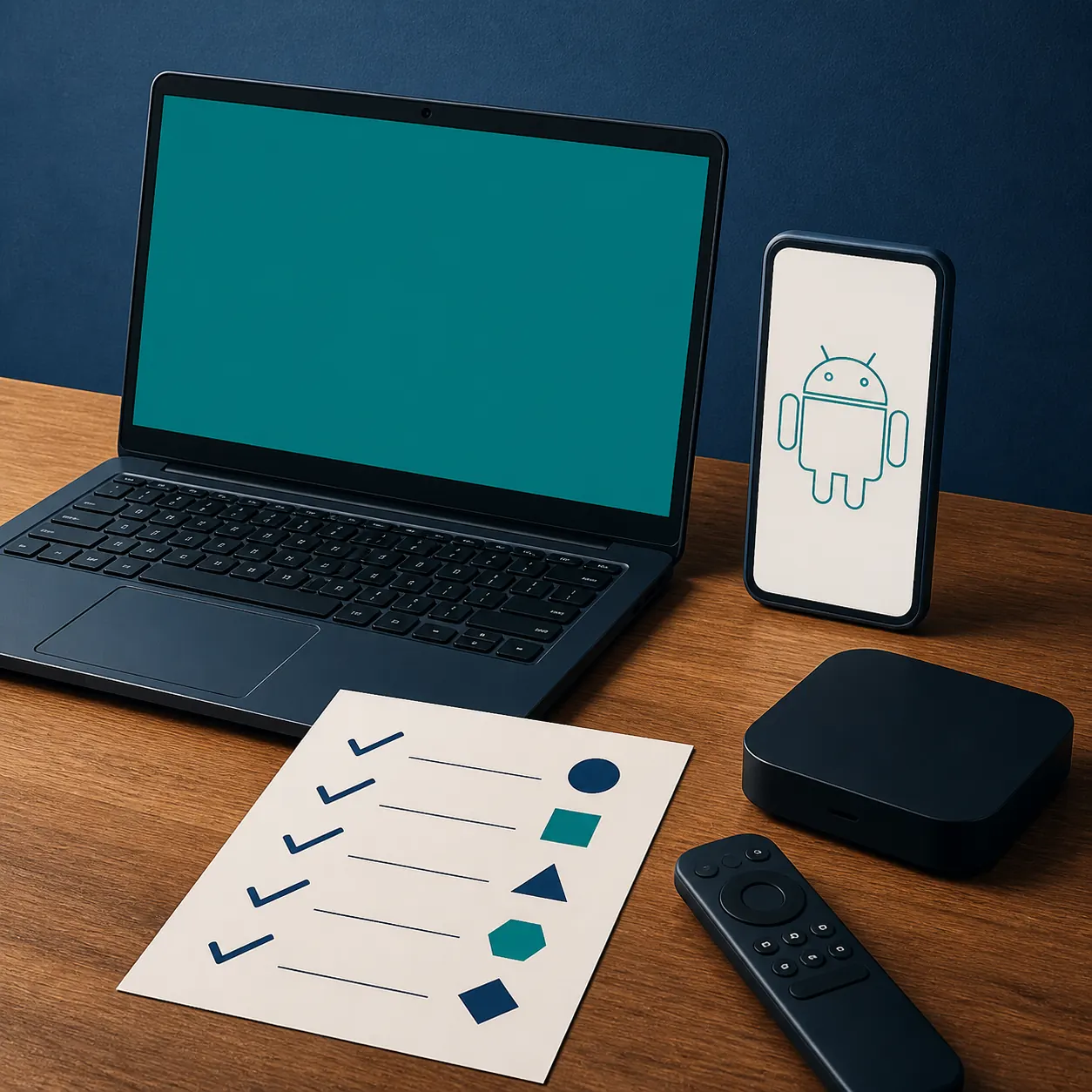 Conceptual illustration of a laptop, Android device, TV box, remote, and APK verification checklist