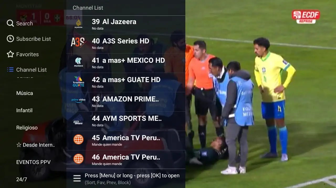 Existing Xuper TV television channel list showing remote-friendly navigation